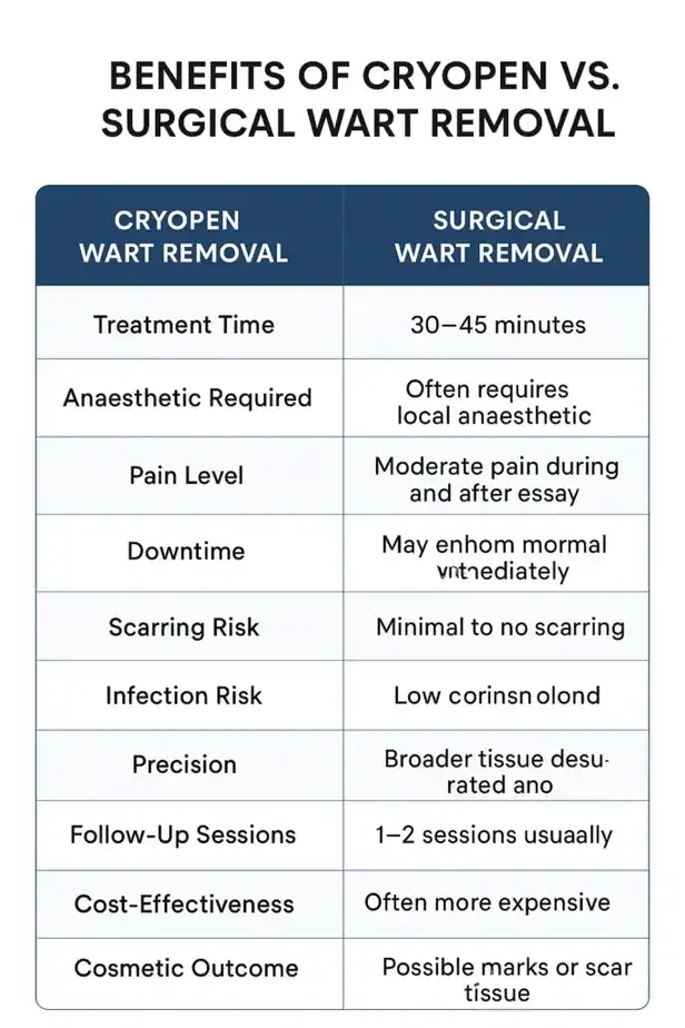 Table showing the benefits of cryopen to remove warts Slough compared to surgical treatment