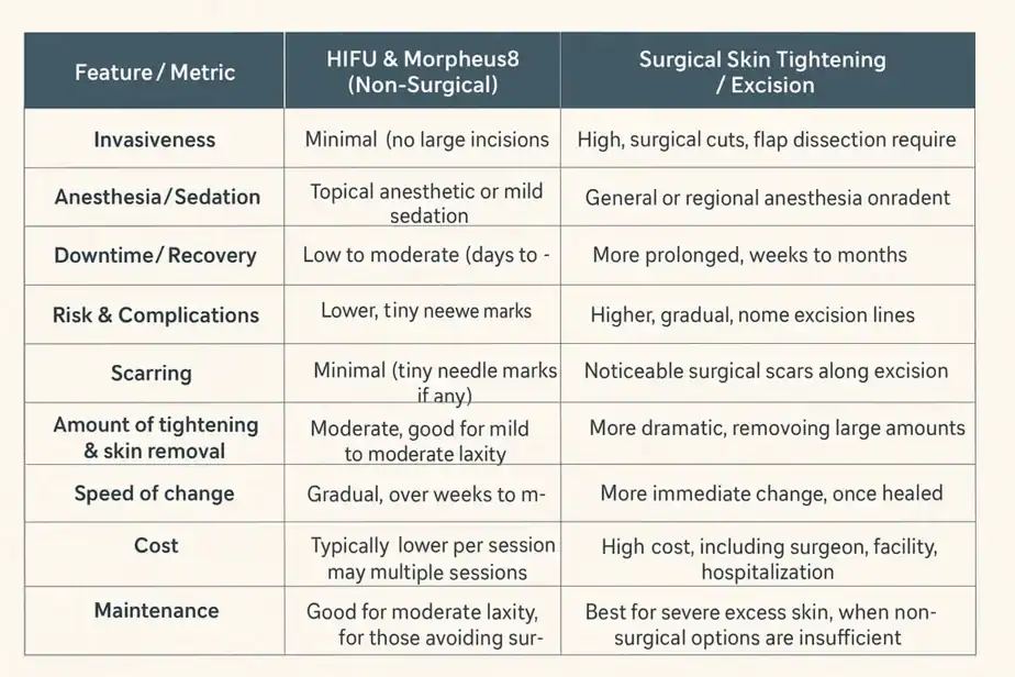 Table showing benefits of Lipo Freeze 2 U Slough treatments for skin tightening following weight loss injections.